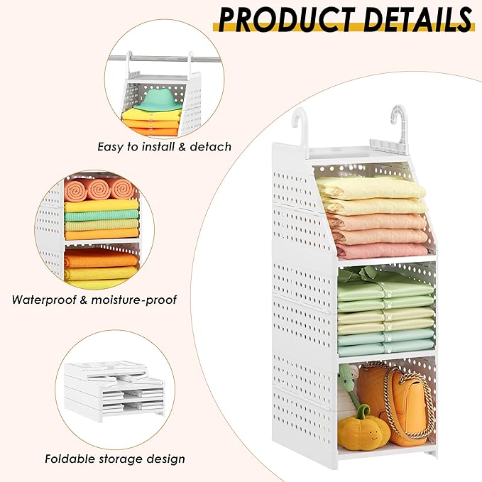 Honkazita 3-Tier Foldable Closet Hanging Organizer, Free-Standing | Hanging Closet Shelves for Wardrobe Laundry Room, Plastic