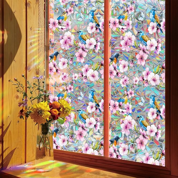 Niviy Bird Stained Glass Spring Summer Window Clings, Flowers Decor Bird Window Strike Prevention, Static Cling Stickers, Windows Tint for Home Bathroom (16.93 x 39.37inch)