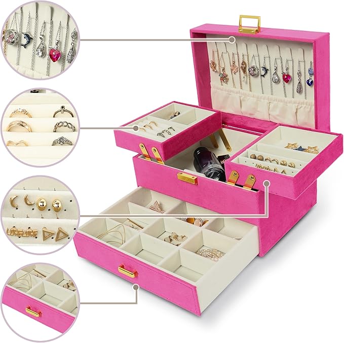 Dajasan Jewelry Organizer Box, Large Jewelry Boxes for Women Girls, Space-Saving 3 Layers Jewelry Storage Case with Drawer, G