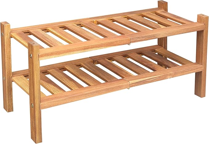 Acacia Wood Shoe Rack 2 Tier (Brush Teak Finish) – Stackable Shoe Organizer Two Tier Shoe Rack – Sturdy Wooden Shoe Storage S