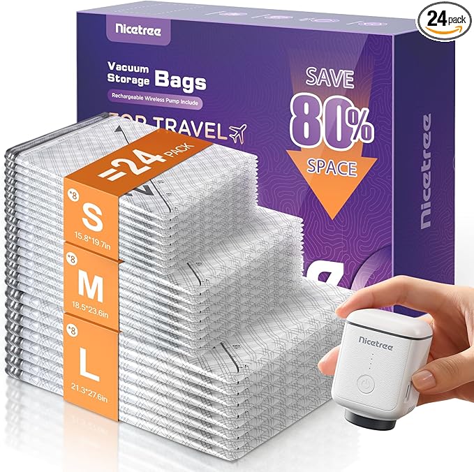 Nicetree 24-Pack Vacuum Storage Bags with Rechargeable Wireless Pump | 3 Sizes (20/24/28 Inch) Travel Vacuum Seal Bags for Cl