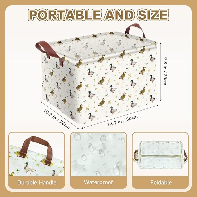 Cute Mallard Duck Storage Basket Waterproof Canvas Toy Storage Bin Mallard Duck Room Decor Collapsible Outdoor Basket with Le