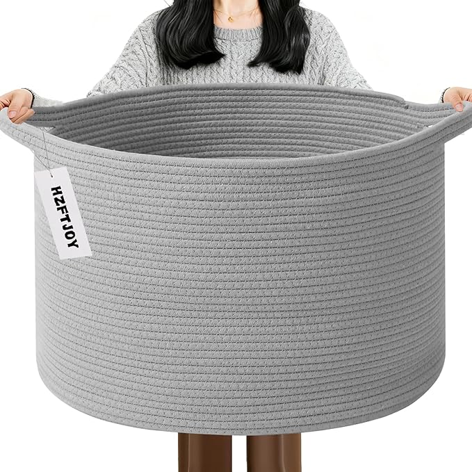 65L Large Blanket Basket,Cotton Rope Woven Storage Basket with Handles, Laundry Hamper for Toys, Clothes, Pillows & Towels, P