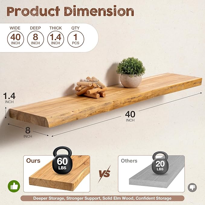 fuqing Live Edge Floating Shelves for Wall 40 inch, 8 Inch Deep Solid Elm Wood Floating Wall Shelves - Rustic Wooden Shelves 