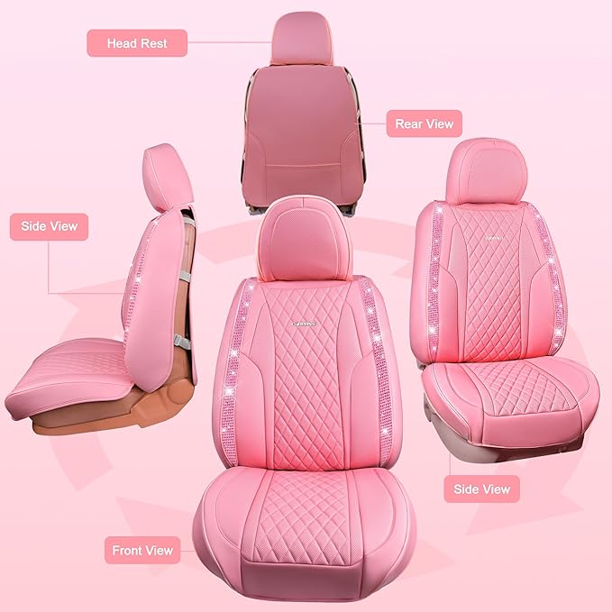 CAR PASS Pink Nappa Leather Car Seat Covers for Full Seats, Bling Diamond Waterproof Seat Protectior Universal Fit Auto SUV S