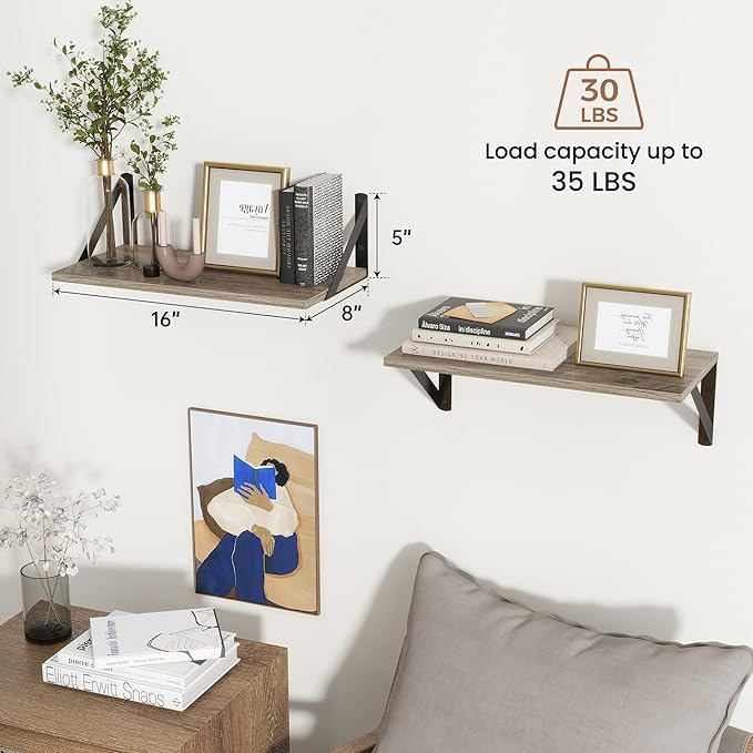 Axeman Floating Shelves for Wall, 16W x 8D Floating Shelves Set of 2, 8 Inch Deep Rustic Grey Wood Wall Mounted Shelves for F