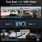 Dash Cam Front and Rear, 2.5K Dual Dash Camera for Cars, Car Camera with 3.16" IPS Screen, 170° Wide Angle, WDR Night Vision,