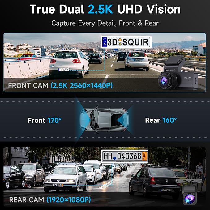 Dash Cam Front and Rear, 2.5K Dual Dash Camera for Cars, Car Camera with 3.16" IPS Screen, 170° Wide Angle, WDR Night Vision,