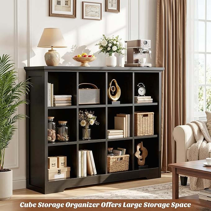 Aheaplus Wooden 12-Cube Storage Organizer with Charging Ports, Modern Cube Bookcase with Base, 4-Tier Floor Standing Open Cub