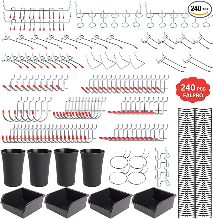240PCS Pegboard Hooks Assortment, Pegboard Organizer Kit with Bins, Cups, 1/8 and 1/4 inch Hooks for Hanging Tools, Garage Wa