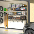 ThreeHio Garage Shelf Wall Mounted with Wire baskets, Heavy Duty Garage Wall Shelving with Garden Tool Rack and Hooks, Wire S