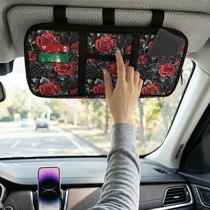Car Sun Visor Storage Bag,Rose Pattern Auto Interior Accessories Pocket Organizer, Multi-Pocket Visor Organizer Storage Pouch Fits Most Vehicles