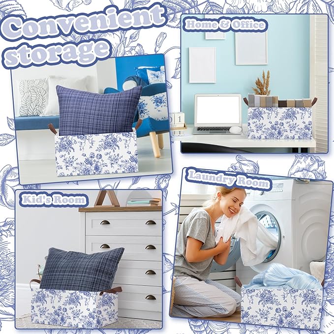 Boao 3 Pcs Blue Floral Storage Bin Wildflowers Collapsible Large Storage Baskets for Gifts Canvas Laundry Basket Foldable Box