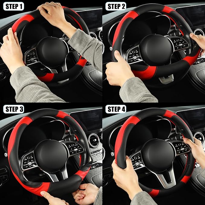 Microfibre Leather Auto Car Steering Wheel Cover,Anti Slip 15 Inch,Black and Red