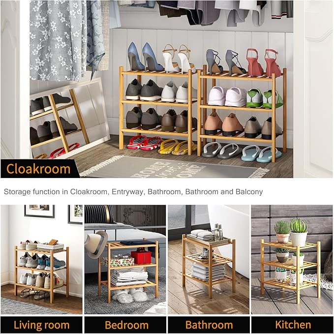 3-Tier Small Shoe Rack for Entryway, Stackable | Heavy Duty | Multi-Function, Bamboo Free Standing Shoe Racks for Bedroom Hal