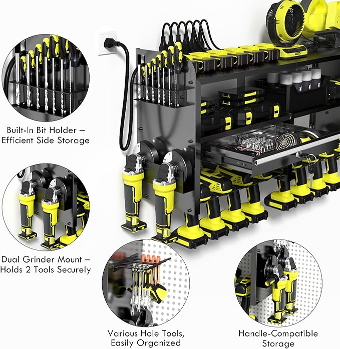 KSVO Power Tool Organizer Wall Mount with Drill Holder, Grinder Bracket, Hammer and Pliers, Locking Drawer, 6-Outlet Charging