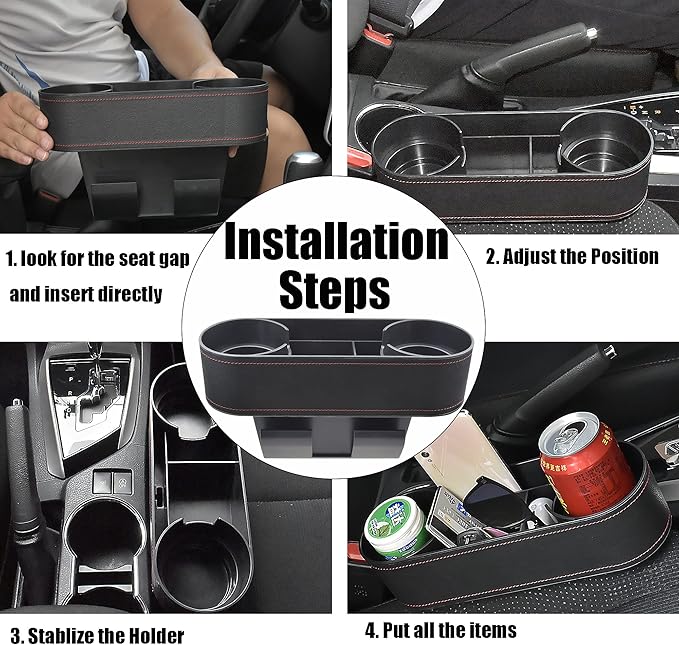 Iokone Coin Side Pocket Console Side Pocket Leather Cover Car Cup Holder Auto Front Seat Organizer Cell Mobile Phone Holder (Slim-Black)