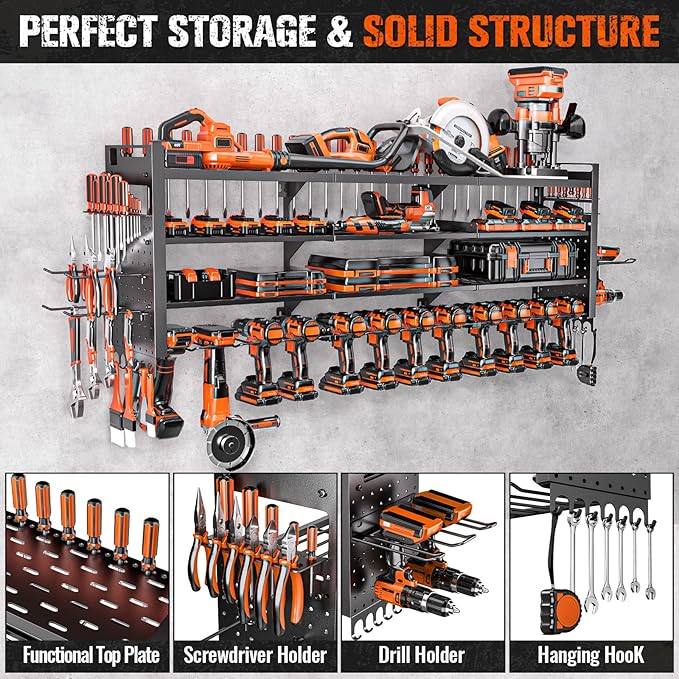49.8" W Large Power Tool Organizer Wall Mount, Heavy Duty Tool Organizer with 14 cordless Drill Holder, 4 Layers Garage Organ