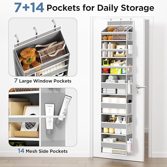 Mefirt Over The Door Organizer, 7 Tier Door Hanging Organizers with 7 Large Pockets 12 Side Pockets, Behind Door Storage Hang