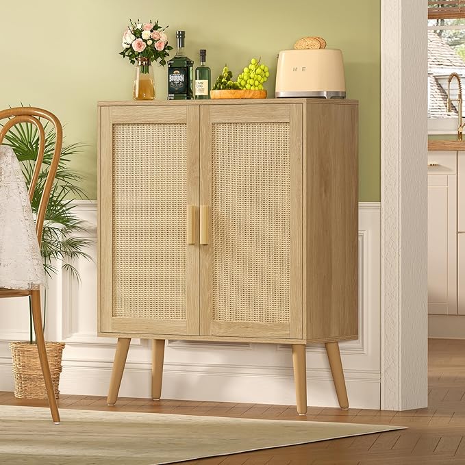 Iwell Storage Cabinet with 2 Shelves, Rattan Cabinet with 2 Doors, Sideboard Buffet Cabinets with Storage for Living Room, Di