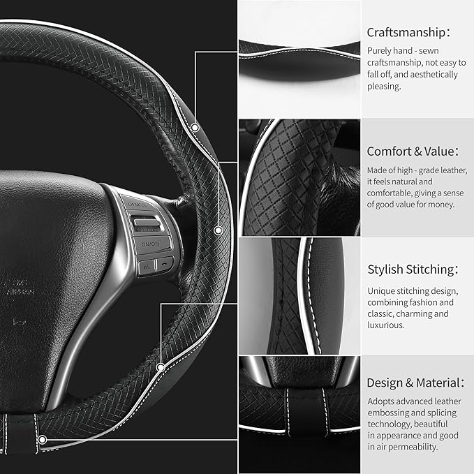 Leather Car Steering Wheel Cover,Anti-Slip, Safety,Soft,Breathable,Heavy Duty,Thick,Full Surround, Sports Style,Universal Car