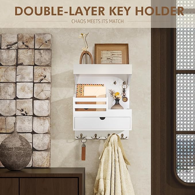 Rebee Vision Key Holder Wall Mount with Drawer Organizer – Pine Wooden Mail and Key Organizer with 6 Sturdy Hooks and Wall Sh