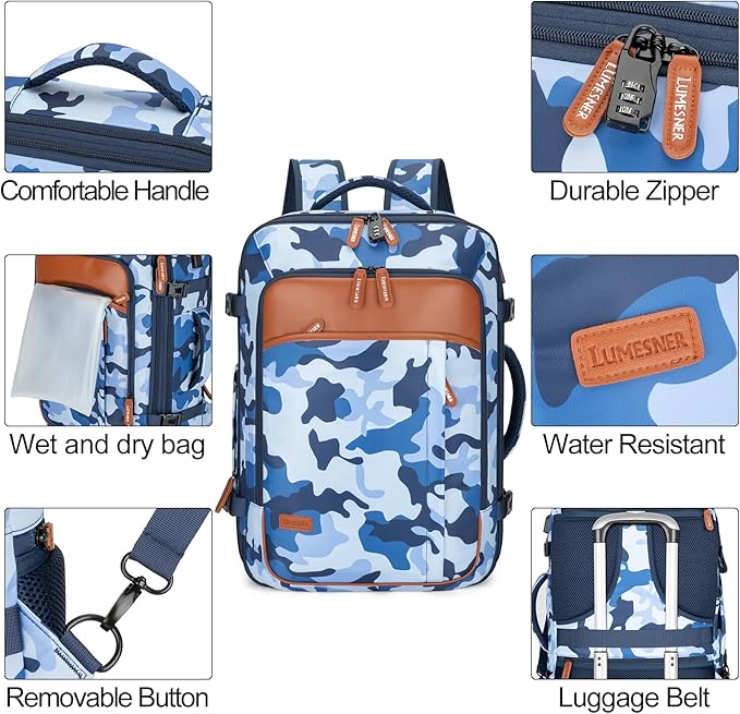 Lumesner Carry on Travel Backpacks, Extra Large 40L Flight Approved for Men & Women,Expandable Suitcase backpack (Camouflage 