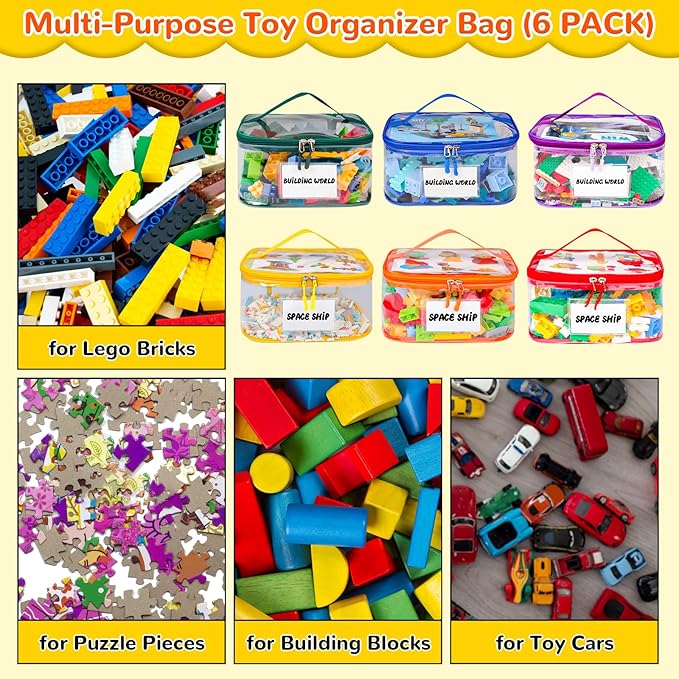 Tesuko 6 Pack Clear Toy Storage Bag with Name Tag& Manual Pocket, Waterproof Transparent PVC Toy Organizer Case for Lego Bric