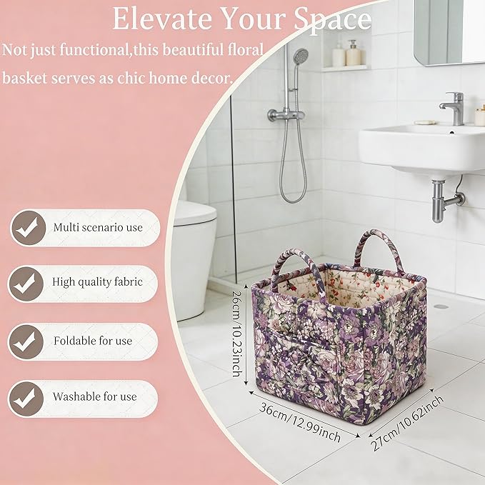 Quilted Laundry Basket with Handles - Multi-Purpose Fabric Storage Basket，Boho Fabric Storage Baskets with Handles for Car, H
