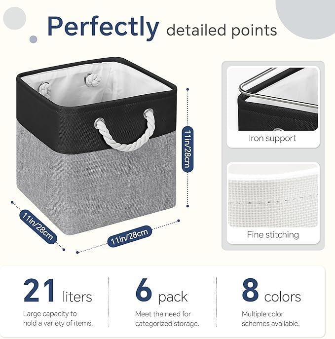 FinishingBo Fabric Cubes Storage Basket, 6 Pack 11x11 in with Handles Cube Storage Bins, for Shelves, Home, Office Organizers