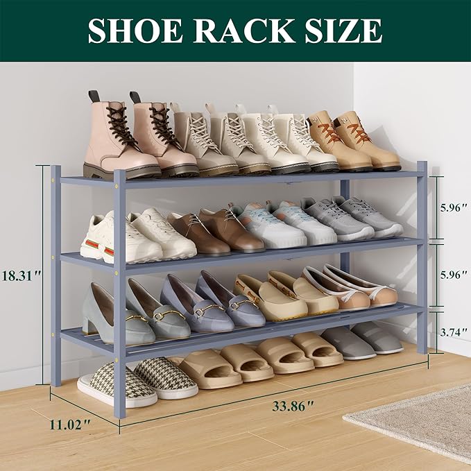 Smiry Long Bamboo Shoe Rack 3-Tier, Stackable Wooden Shoe Organizer for Entryway & Closet, Free Standing Wood Shoe Storage Sh