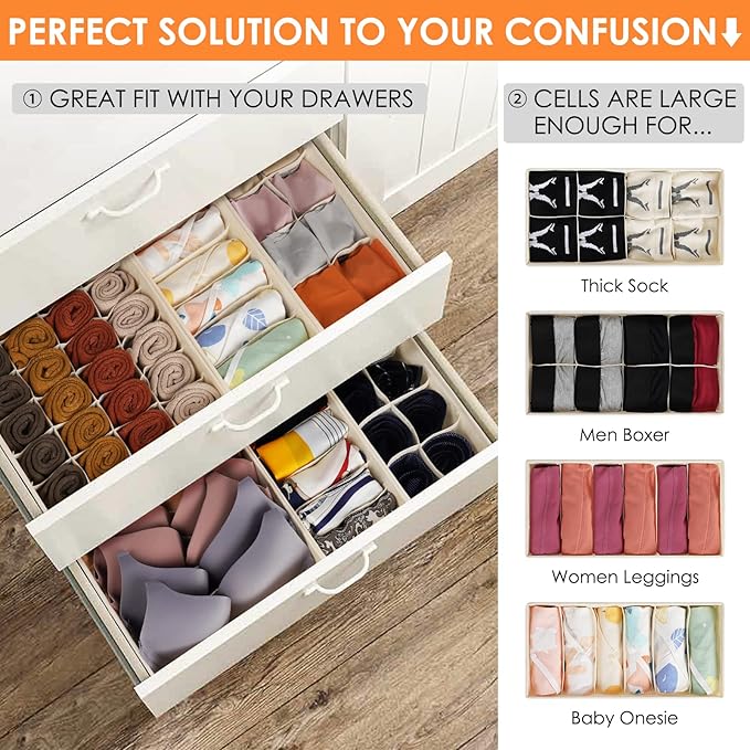 Criusia 6 Pack Sock Underwear Drawer Organizer Dividers, 58 Cell Foldable Fabric Dresser Closet Organizers and Storage Bins f