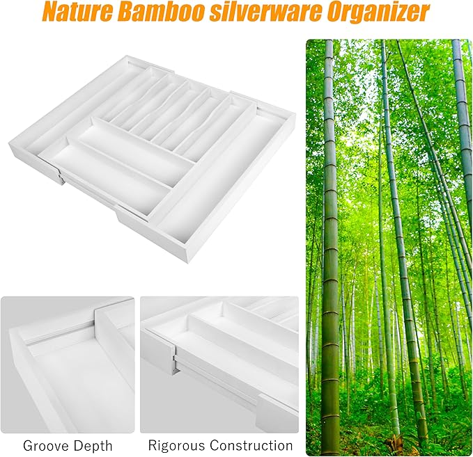 Bellsal Large Premium Bamboo Silverware Organizer - Expandable Utensil Drawer Organizer - 17"x19.6" Utensil Holder and Cutler