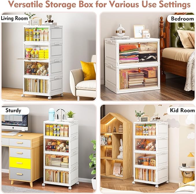 CTSNSLH 4 Tier Plastic Storage Bins with Lid - 27.5Qt Stackable with Lids for Bedroom, Living Room, Office - Foldable Contain