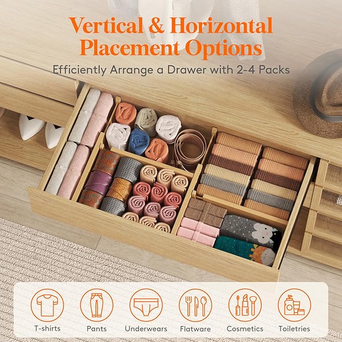 Lifewit 4" High 5 Pack Bamboo Drawer Dividers 31-40cm/12-16 Adjustable Wooden Drawer Organizer for Clothes/Utensils, Expandab