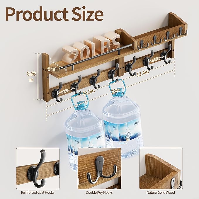 29 inch Coat Rack Wall Mount with Shelf, Set of 2 Heavy Duty Coat Hooks Wall Mount, Entryway Coat Hanger Wall Shelf with Key 