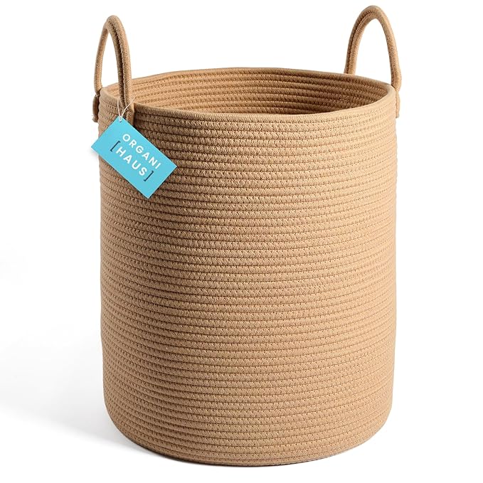 OrganiHaus Large Woven Laundry Basket w/Handles 52L, Rope Dirty Clothes Hamper, Blanket Basket for Living Room, Baby Laundry 