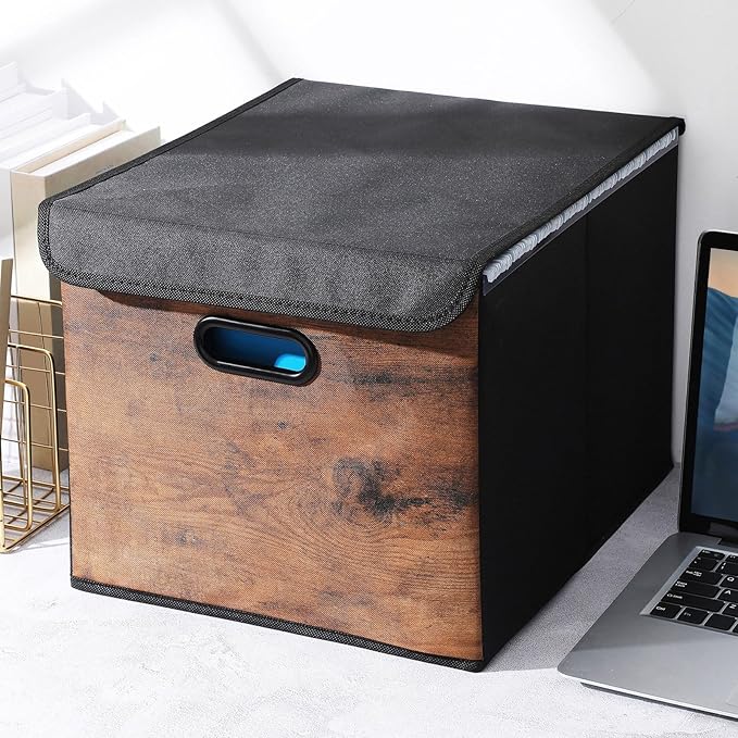 Cinnvoice File Organizer Box with Wood Grain Pattern, Hanging Collapsible File Storage Bins with Lid Plastic Slides for Schoo