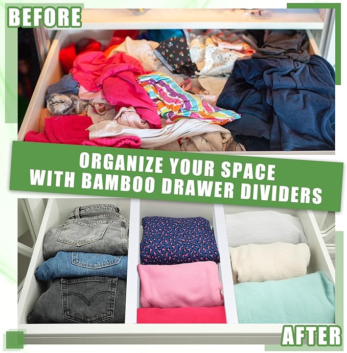 4 Pcs Deep Bamboo Drawer Dividers, Deep Kitchen Dresser Drawer Organizer with Spring Loaded for Clothes, Adjustable Expandabl