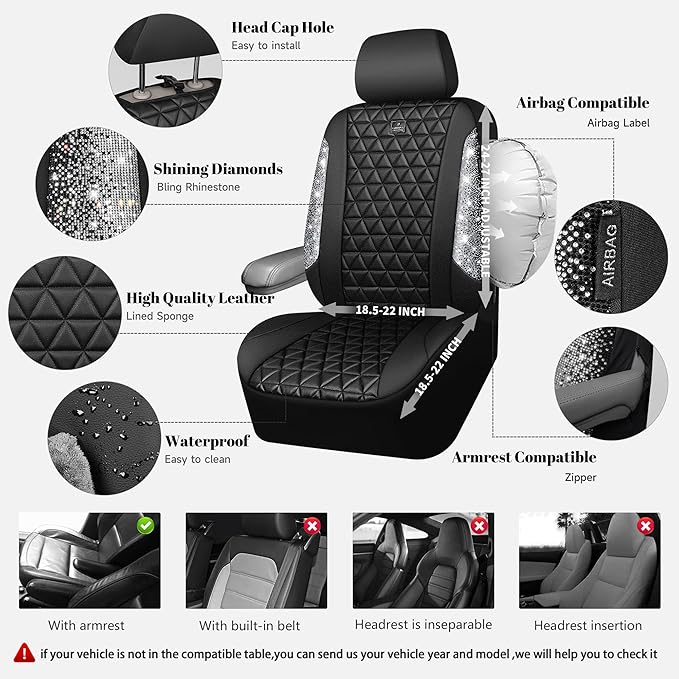 CAR PASS Bling Diamond Leather Car Seat Covers Full Seats Interior Sets, Waterproof Shining Glitter Sparkly Crystal Universal