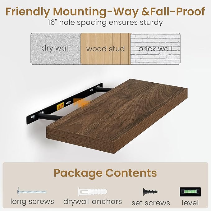 24"W x 9.3"D Floating Shelves for Wall, Wall Mounted Bathroom Shelves 2 Pack Deep Floating Shelf for Bedroom Kitchen Living R