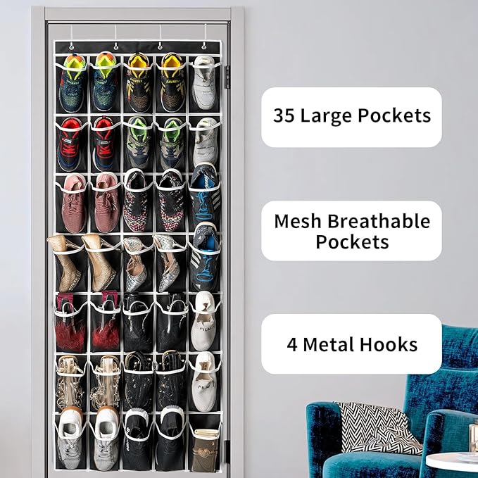 SAVERHO 35 Pockets Over the Door Shoe Organizer, Hanging Shoe Organizer for Door with 35 Mesh Pockets Large Capacity Shoe Han