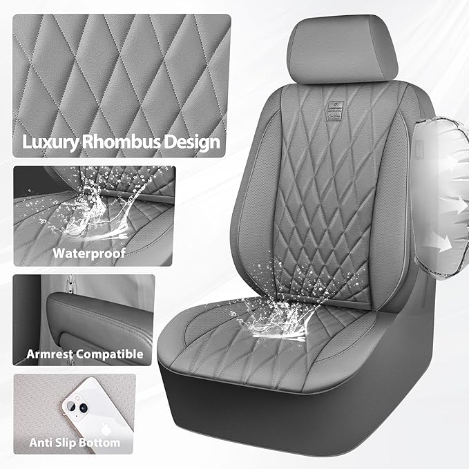 CAR PASS Piping Luxury PU Leather Two Front Car Seat Covers, Waterproof Anti Slip Seat Covers Compatible with Front Seat Armr