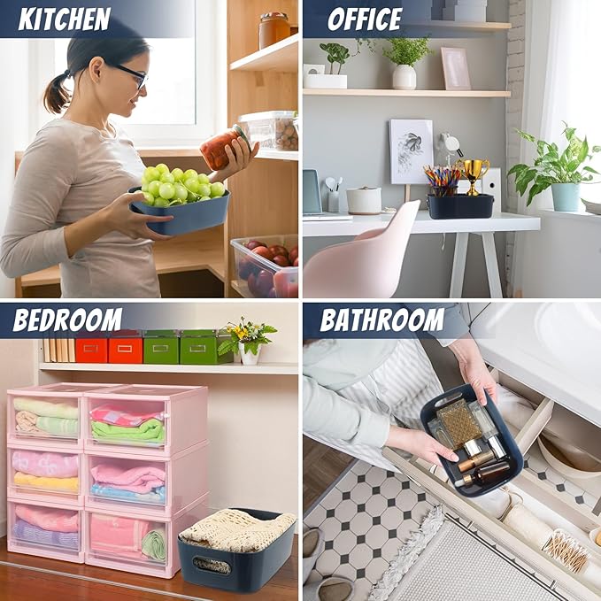 Zopeal Plastic Storage Bins 10 Pcs Blue Pantry Organizer Bins Small Baskets Storage Containers for Home Kitchen (8 x 5.7 x 3 