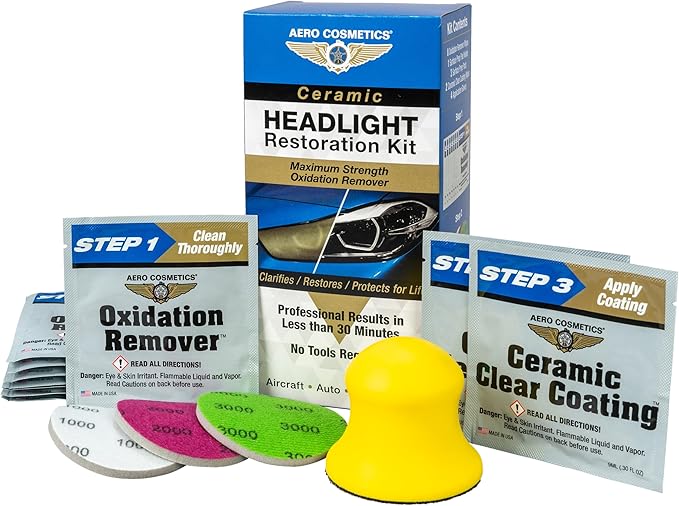 Aero Cosmetics Ceramic Headlight Restoration Kit - Maximum Strenght Oxidation Remover - Aircraft Grade, Hydrophobic Coating, 