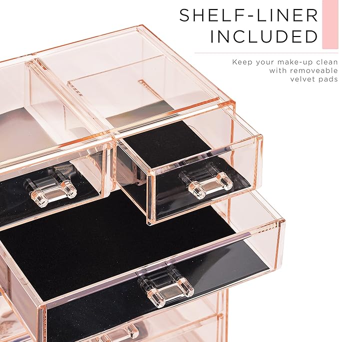 Sorbus Acrylic Makeup Organizer Set, 6-Drawer Vanity & Countertop Cosmetic Storage with Small & Wide Compartments, Pink Makeu