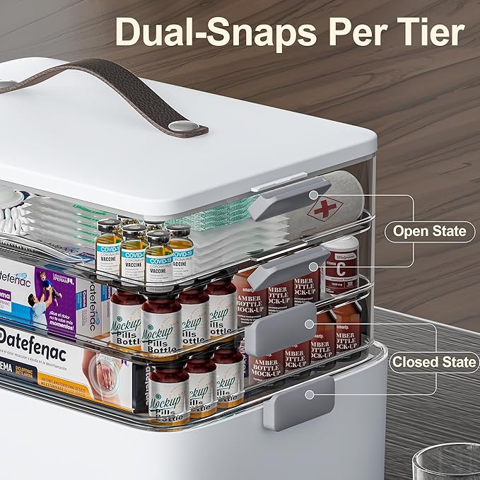 CTIME 4-Tier XL Medicine Organizer - Portable Medicine Cabinet with Leather Handle, Empty First Aid Kit for Home Organization