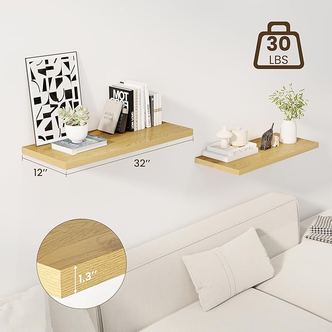 Dreamland 32" Floating Shelves for Wall, 12" Deep Slim Oak Floating Shelves, Wall-Mounted Shelves for Bedroom, Living Room, K