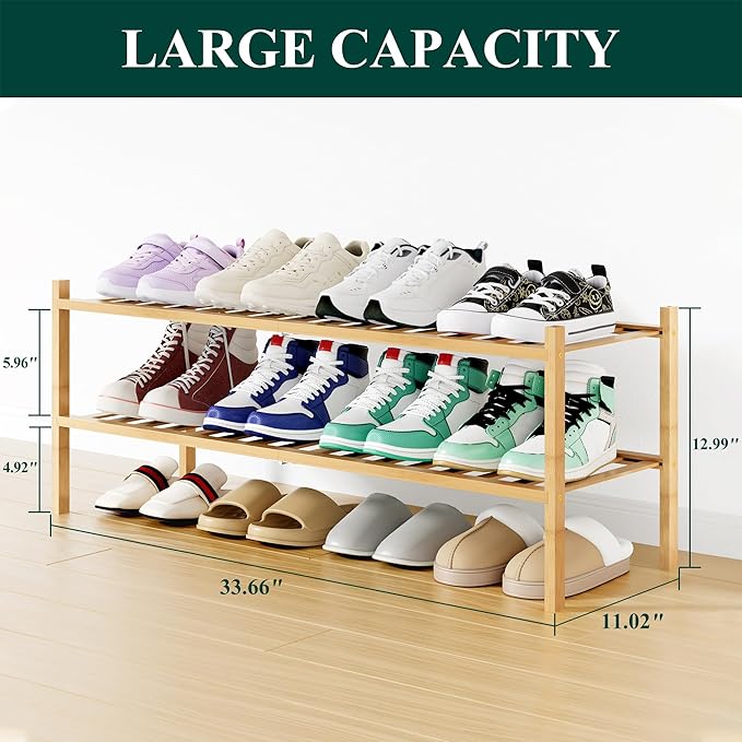 Smiry Shoe Rack, 2 Tier Long Bamboo Shoe Organizer, Stackable Free Standing Wooden Shoe Storage Shelf for Closet, Entryway, F