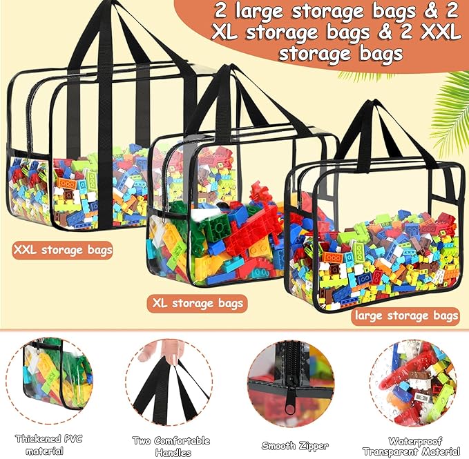 6 Packs Toy Storage Bags with Labels, Reusable Clear PVC Board Game Storage, Travel Waterproof Organizer Bags with Zipper Lar